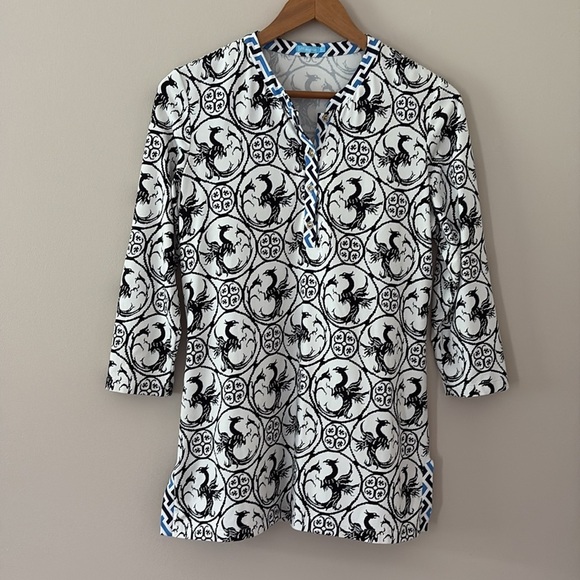 J McLaughlin Tunic Top Catalina Cloth Black White Phoenix Print 3/4 Sleeve Sz M - Picture 10 of 11